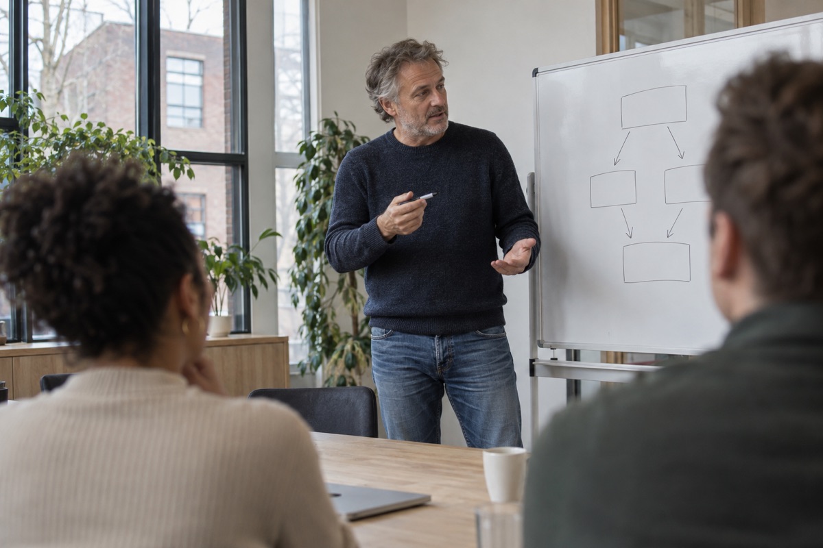 Een trainer legt iets uit aan een kleine groep cursisten
