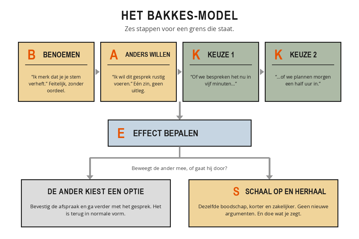 Schema van de zes stappen van het BAKKES-model: Benoemen, Anders willen, Keuze 1, Keuze 2, Effect bepalen en Schaal op en herhaal, met bij stap E de splitsing tussen de ander beweegt mee en de ander gaat door.