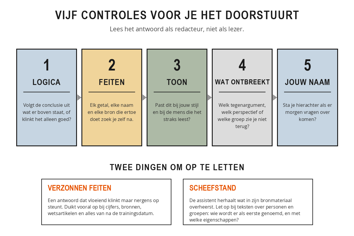 Vijf blokken naast elkaar: logica, feiten, toon, wat ontbreekt en jouw naam, met daaronder twee kaarten over verzonnen feiten en scheefstand.