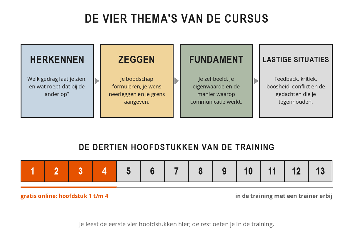 Schema van de opbouw van de training Assertiviteit met de vier thema's herkennen, zeggen, fundament en lastige situaties, en een balk met dertien hoofdstukken waarvan de eerste vier gratis online staan.