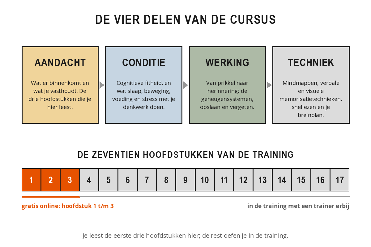 Schema van de opbouw van de training Braintraining met de vier delen aandacht en geheugen in de praktijk, je brein in conditie, hoe geheugen werkt en technieken, en een balk met zeventien hoofdstukken waarvan de eerste drie gratis online staan.