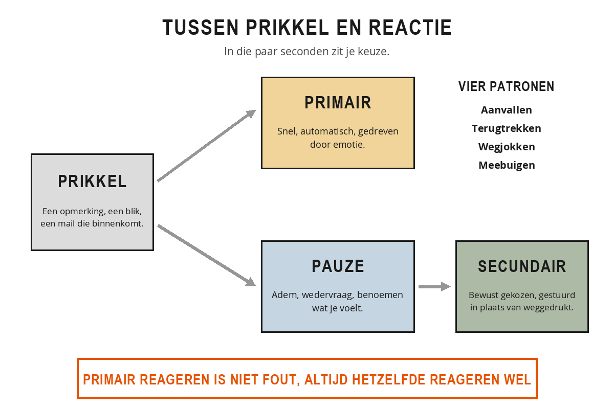 Tussen prikkel en reactie ligt een moment van keuze: de bovenste route loopt rechtstreeks van prikkel naar een primaire, automatische reactie, de onderste route loopt via een pauze naar een bewuste, secundaire reactie.