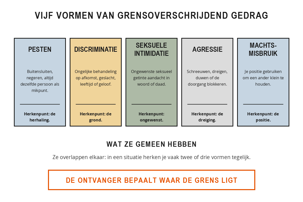 Vijf vakken naast elkaar met de vormen pesten, discriminatie, seksuele intimidatie, agressie en machtsmisbruik, elk met een korte omschrijving en een herkenpunt.