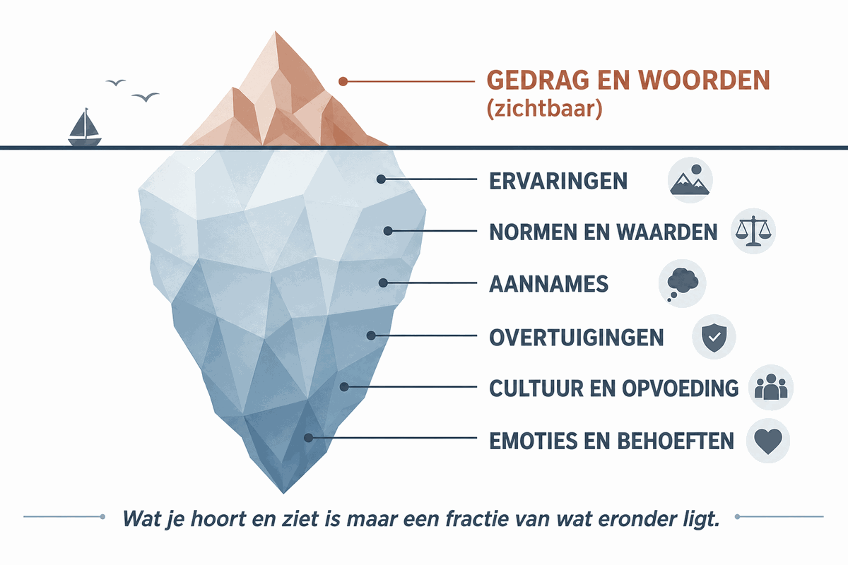 Referentiekader als ijsberg: zichtbaar gedrag en woorden boven water, ervaringen, normen, aannames, overtuigingen, cultuur en emoties eronder.