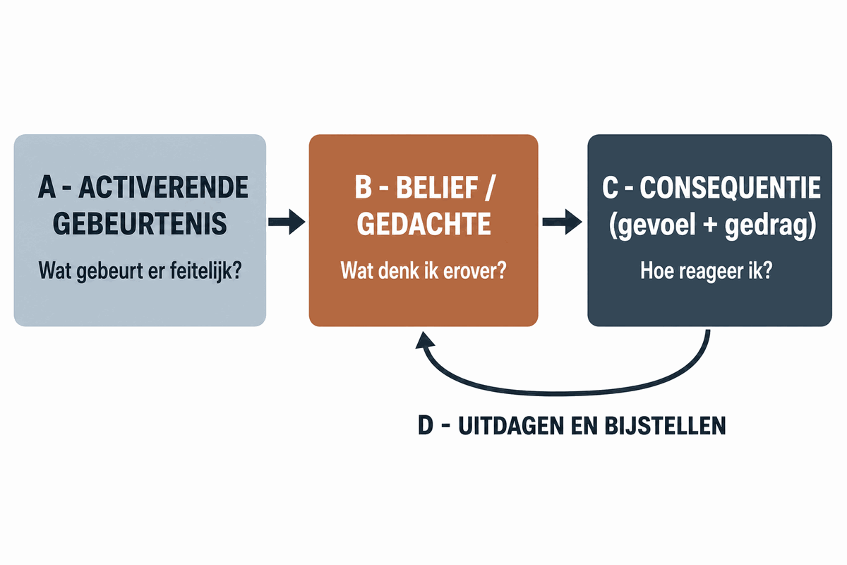 ABC-schema van RET: activerende gebeurtenis leidt via belief/gedachte tot consequentie, met een pijl terug om te uitdagen en bij te stellen.