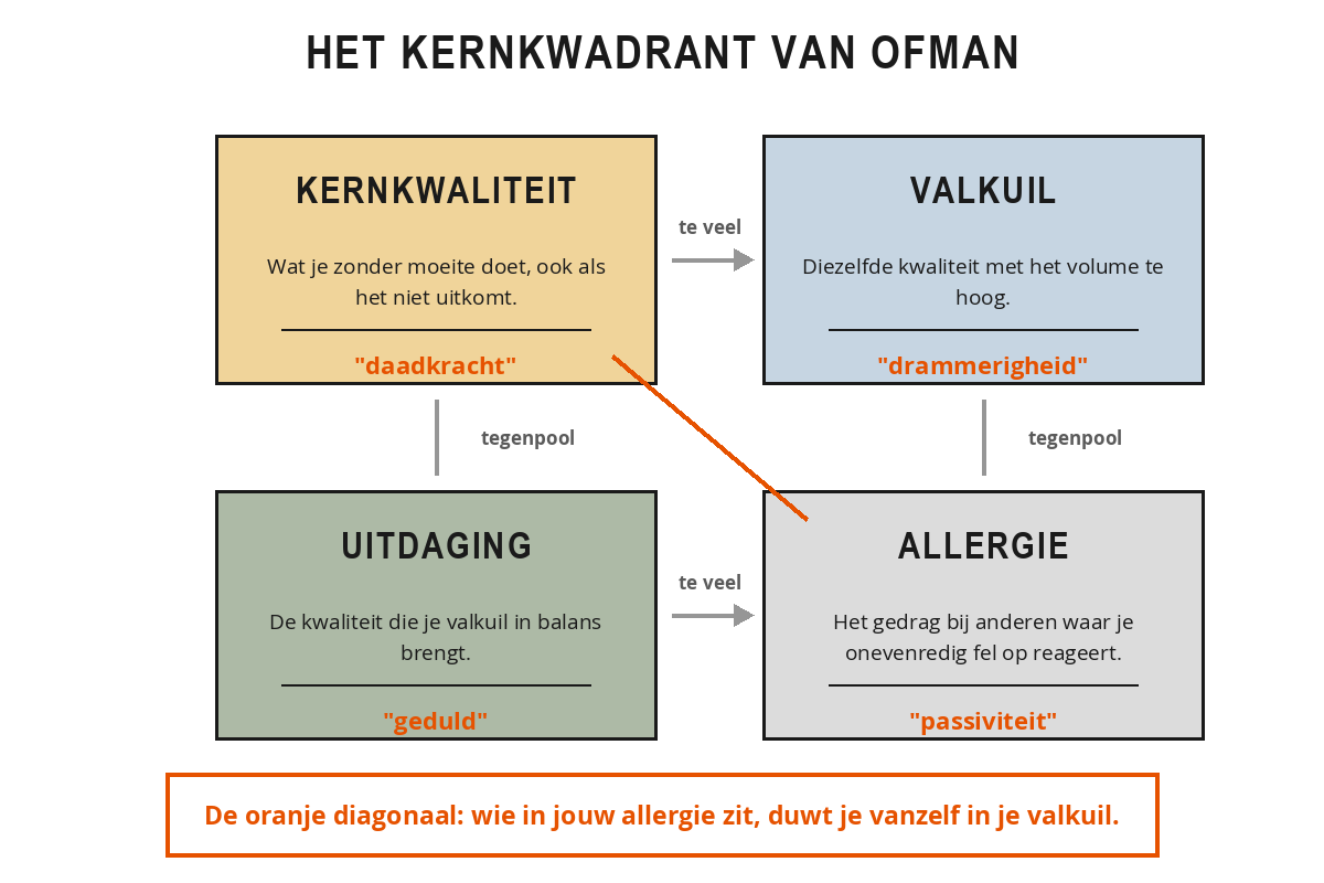 Het kernkwadrant van Ofman met vier vakken: kernkwaliteit daadkracht, valkuil drammerigheid, uitdaging geduld en allergie passiviteit, met de diagonaal van de meeste spanning tussen kernkwaliteit en allergie.