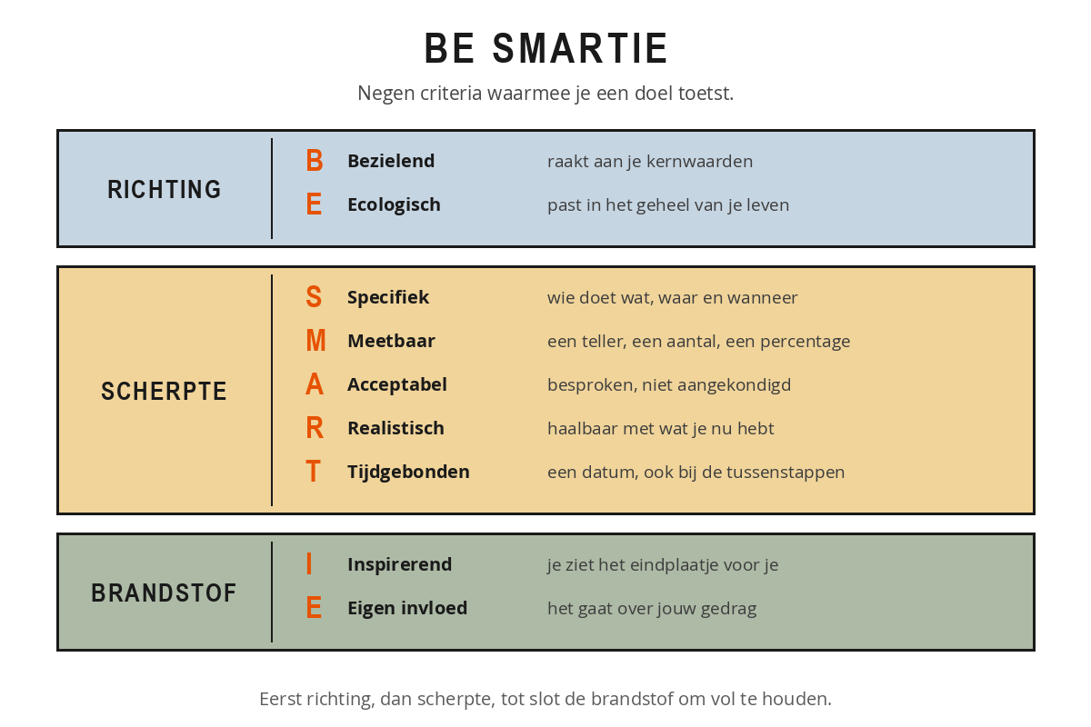 De negen letters van BE SMARTIE in drie groepen: richting met bezielend en ecologisch, scherpte met specifiek, meetbaar, acceptabel, realistisch en tijdgebonden, en brandstof met inspirerend en eigen invloed.