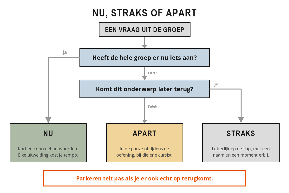 Beslisschema. Een vraag uit de groep leidt naar de vraag of de hele groep er nu iets aan heeft; ja gaat naar nu, nee naar de vraag of het onderwerp later terugkomt; ja gaat naar straks, nee naar apart.